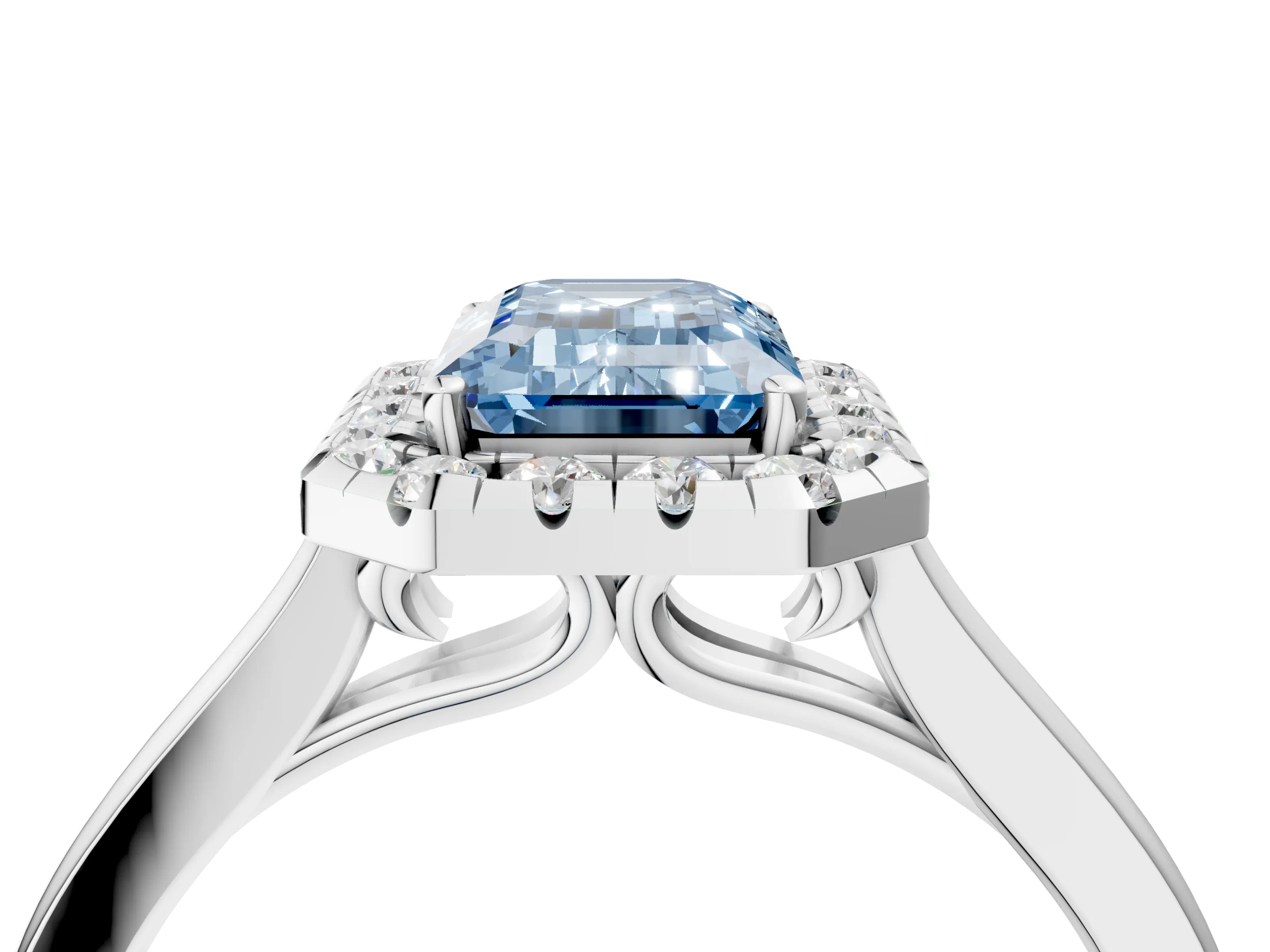 White gold Fancy Blue Emerald Cut Halo Round Diamond Solitaire Ring with Pavé Band and Four-Prong Setting_4