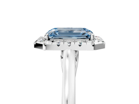 White gold Fancy Blue Emerald Cut Halo Round Diamond Solitaire Ring with Pavé Band and Four-Prong Setting_5
