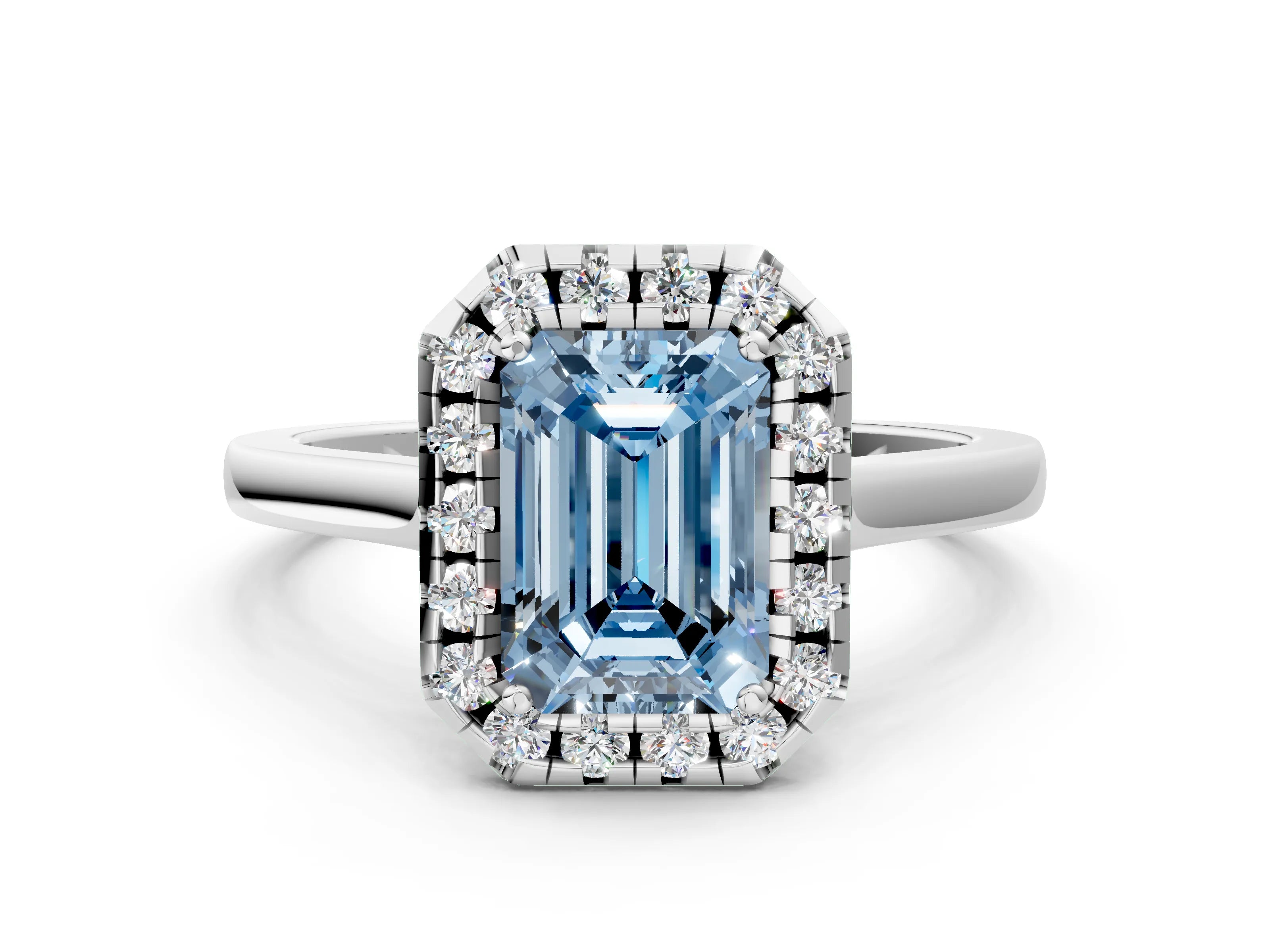 White gold Fancy Blue Emerald Cut Halo Round Diamond Solitaire Ring with Pavé Band and Four-Prong Setting