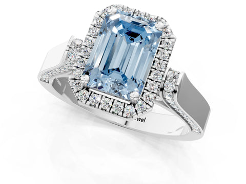 White gold Fancy Blue Emerald Cut Halo Round Diamond Twist Band with Four-Prong Setting_1
