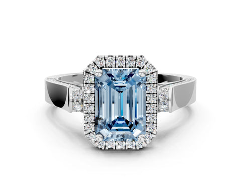 White gold Fancy Blue Emerald Cut Halo Round Diamond Twist Band with Four-Prong Setting_24