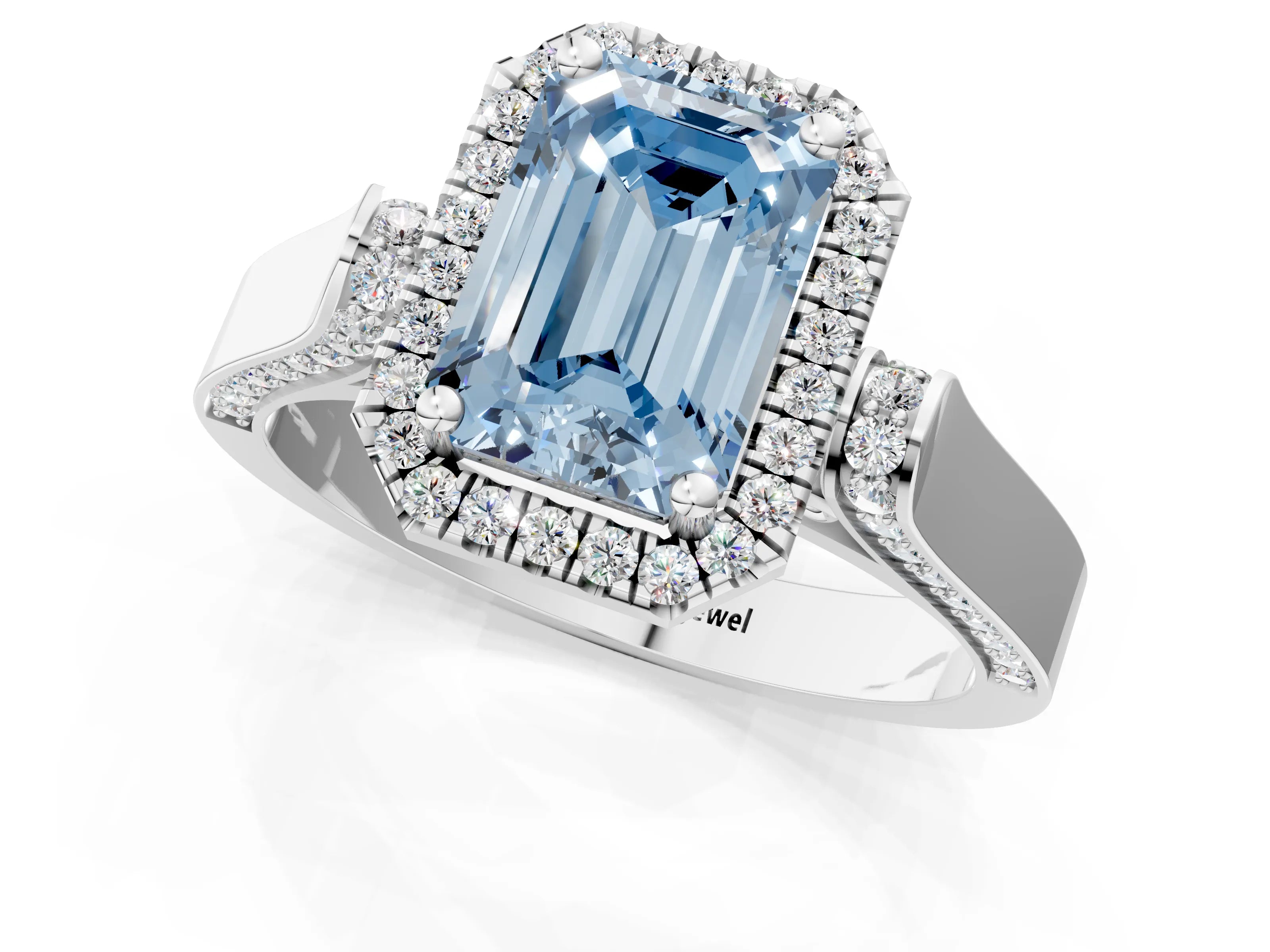 White gold Fancy Blue Emerald Cut Halo Round Diamond Twist Band with Four-Prong Setting_25