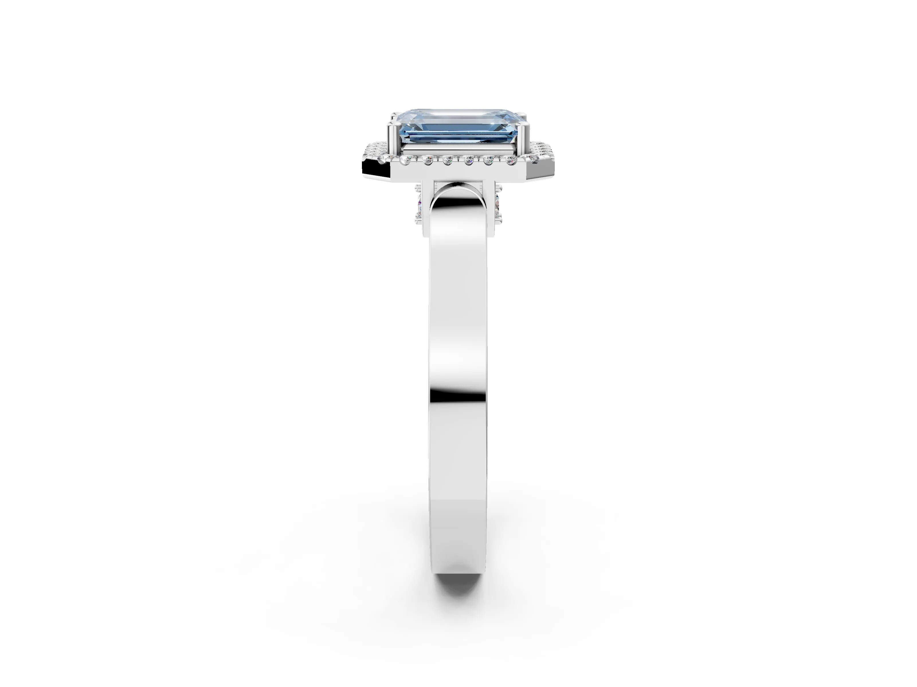 White gold Fancy Blue Emerald Cut Halo Round Diamond Twist Band with Four-Prong Setting_26