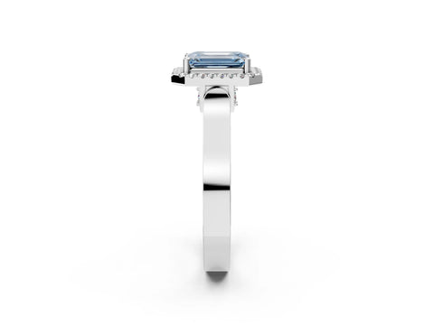 White gold Fancy Blue Emerald Cut Halo Round Diamond Twist Band with Four-Prong Setting_26