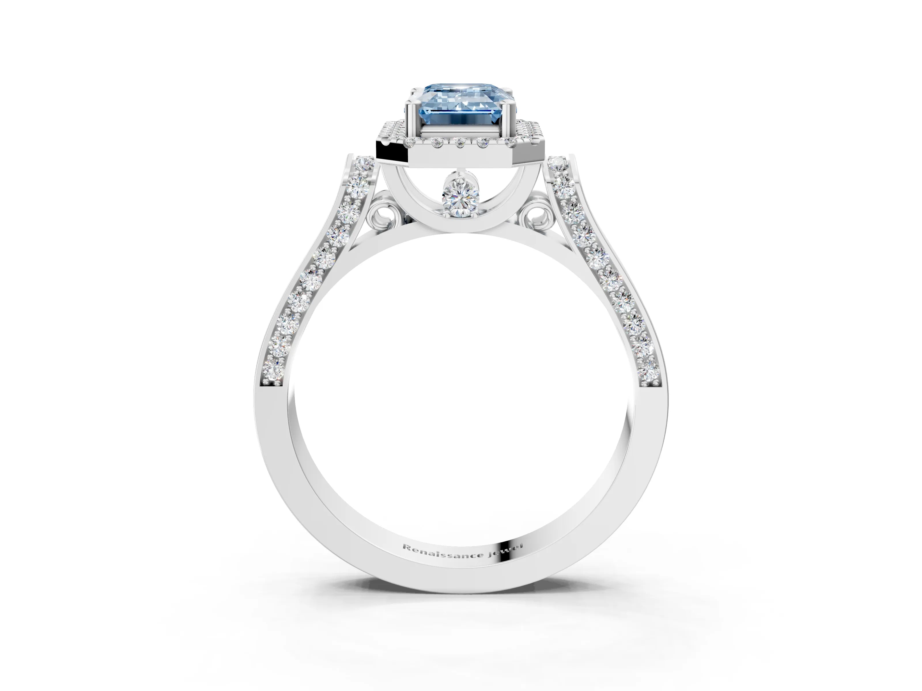 White gold Fancy Blue Emerald Cut Halo Round Diamond Twist Band with Four-Prong Setting_27