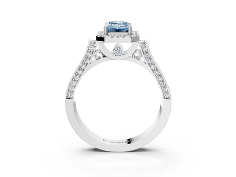 White gold Fancy Blue Emerald Cut Halo Round Diamond Twist Band with Four-Prong Setting_27