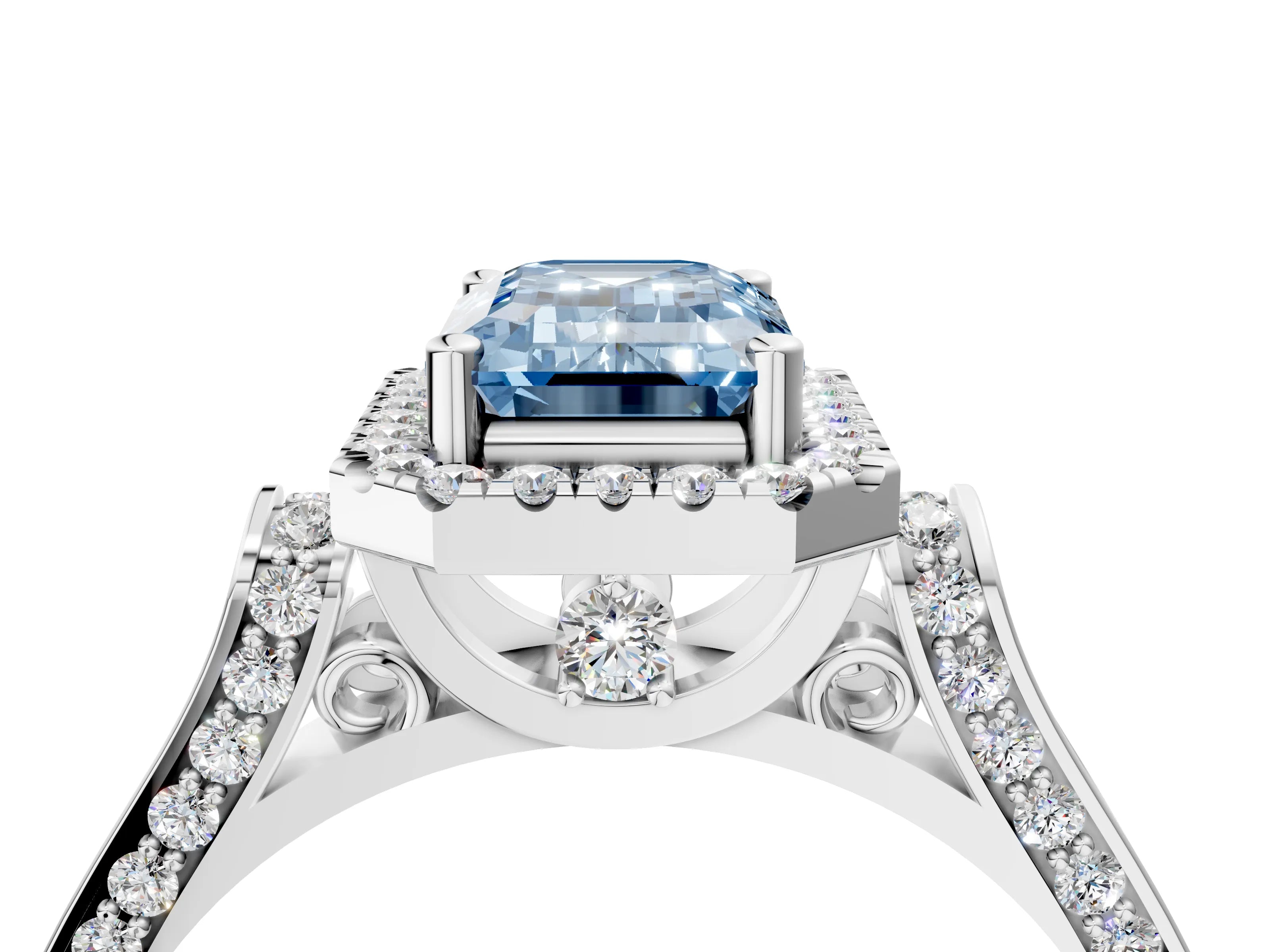 White gold Fancy Blue Emerald Cut Halo Round Diamond Twist Band with Four-Prong Setting_28
