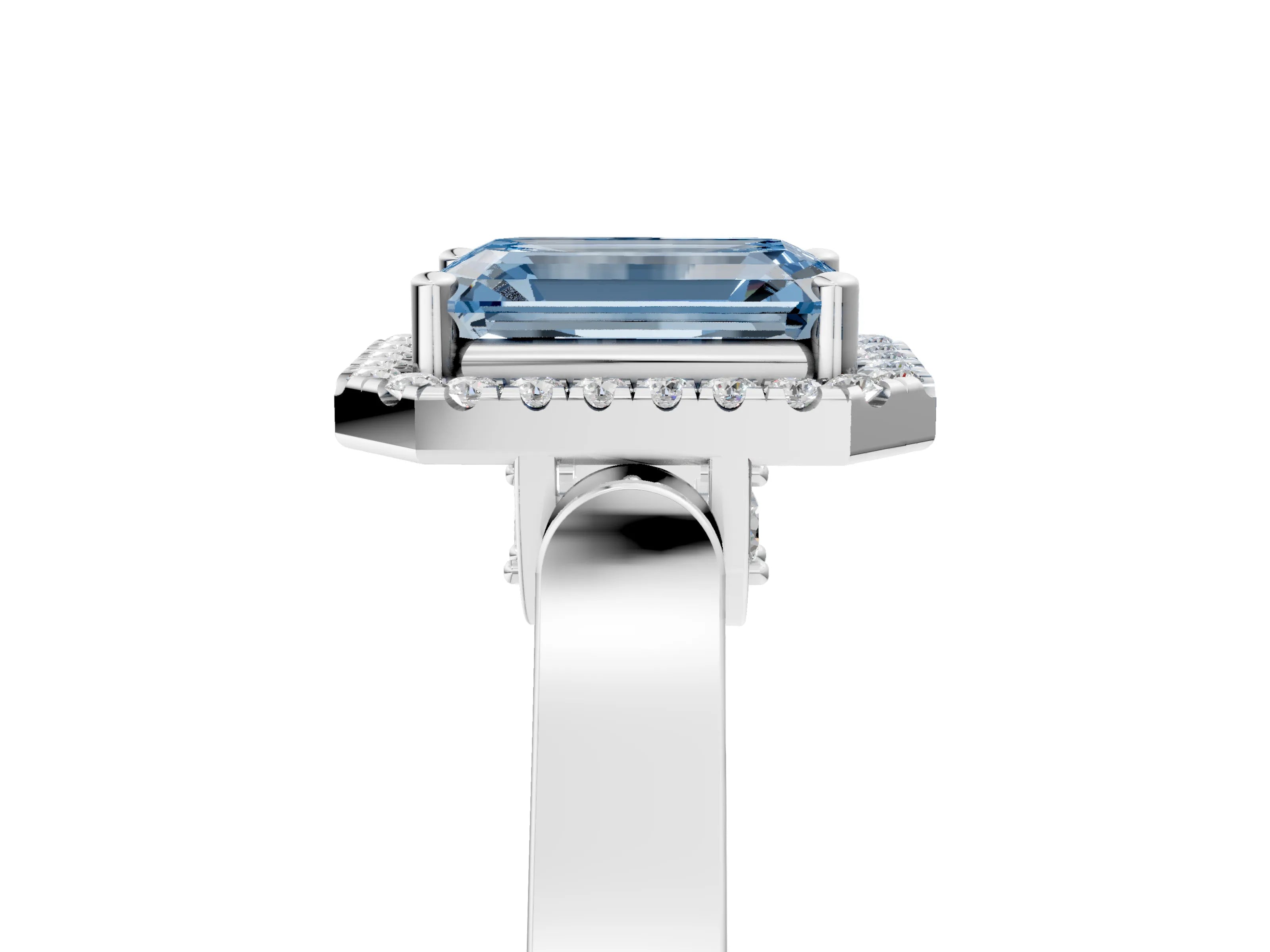 White gold Fancy Blue Emerald Cut Halo Round Diamond Twist Band with Four-Prong Setting_29