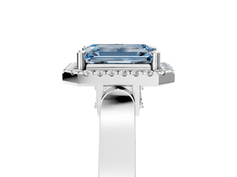 White gold Fancy Blue Emerald Cut Halo Round Diamond Twist Band with Four-Prong Setting_29