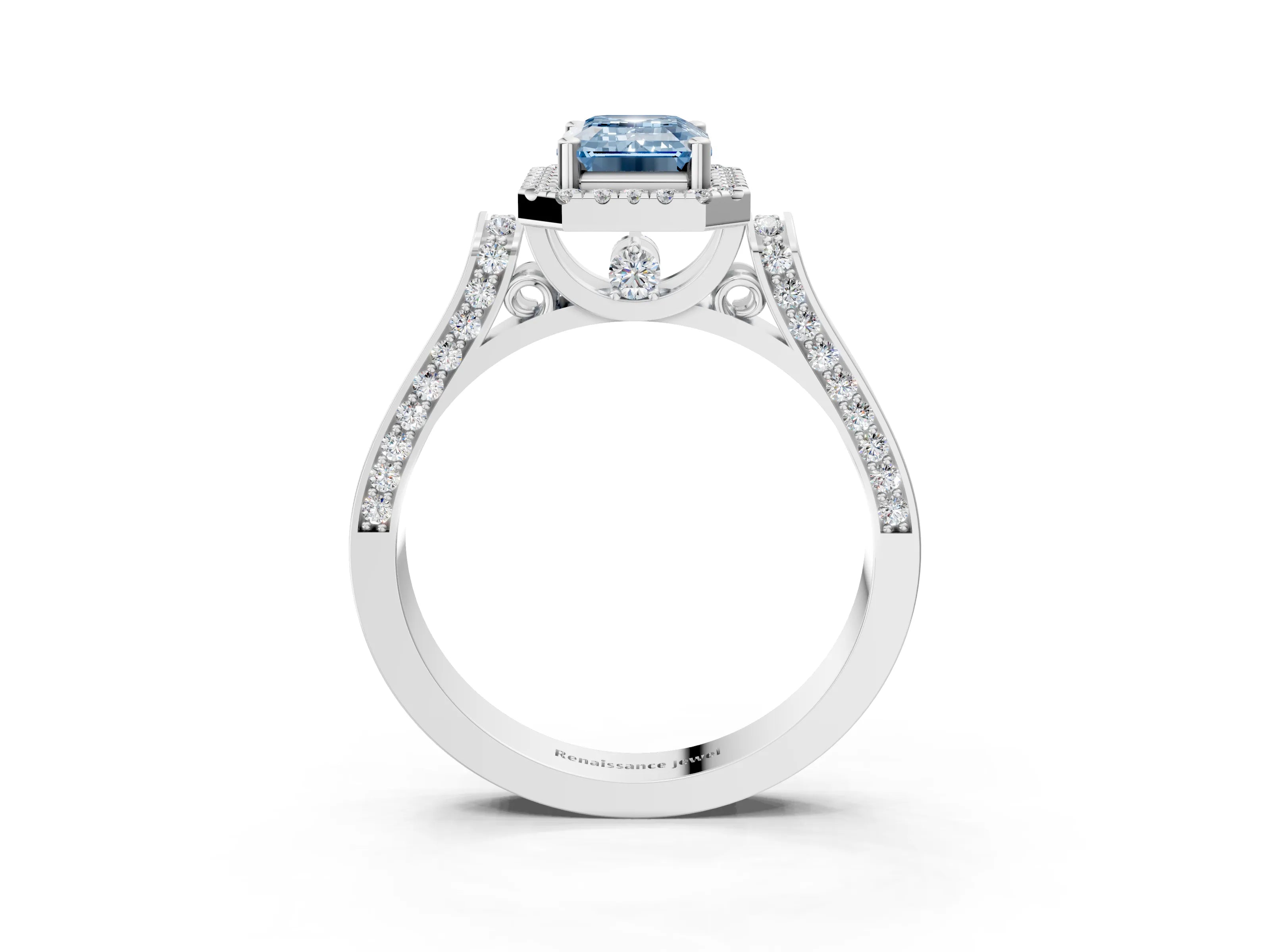 White gold Fancy Blue Emerald Cut Halo Round Diamond Twist Band with Four-Prong Setting_3