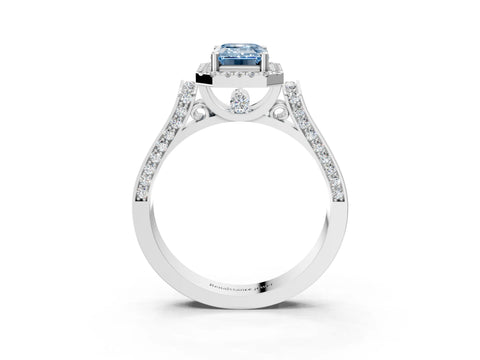 White gold Fancy Blue Emerald Cut Halo Round Diamond Twist Band with Four-Prong Setting_3