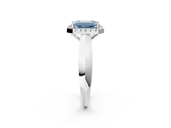 White gold Fancy Blue Emerald  Cut Halo Solitaire Engagement Ring with Square Band and Four-Prong Setting