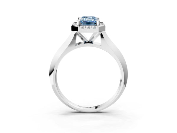 White gold Fancy Blue Emerald  Cut Halo Solitaire Engagement Ring with Square Band and Four-Prong Setting