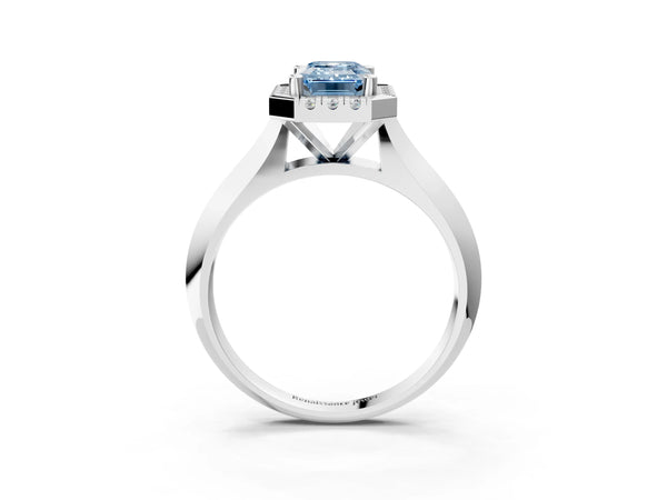 White gold Fancy Blue Emerald  Cut Halo Solitaire Engagement Ring with Square Band and Four-Prong Setting