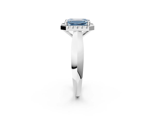 White gold Fancy Blue Emerald  Cut Halo Solitaire Engagement Ring with Square Band and Four-Prong Setting