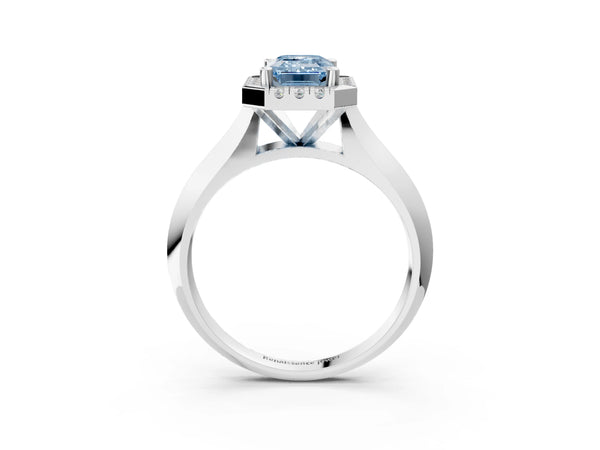 White gold Fancy Blue Emerald  Cut Halo Solitaire Engagement Ring with Square Band and Four-Prong Setting