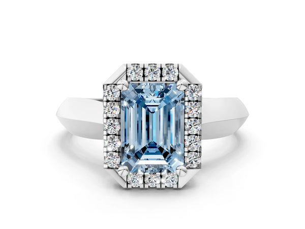 White gold Fancy Blue Emerald  Cut Halo Solitaire Engagement Ring with Square Band and Four-Prong Setting