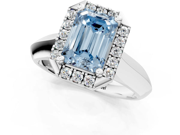 White gold Fancy Blue Emerald  Cut Halo Solitaire Engagement Ring with Square Band and Four-Prong Setting