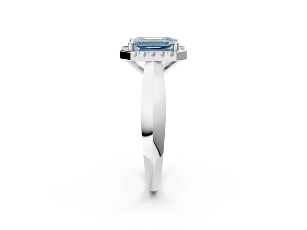 White gold Fancy Blue Emerald  Cut Halo Solitaire Engagement Ring with Square Band and Four-Prong Setting