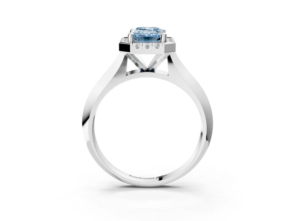 White gold Fancy Blue Emerald  Cut Halo Solitaire Engagement Ring with Square Band and Four-Prong Setting