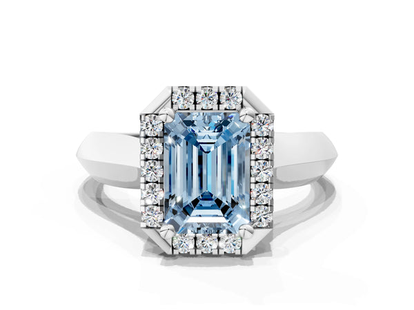 White gold Fancy Blue Emerald  Cut Halo Solitaire Engagement Ring with Square Band and Four-Prong Setting