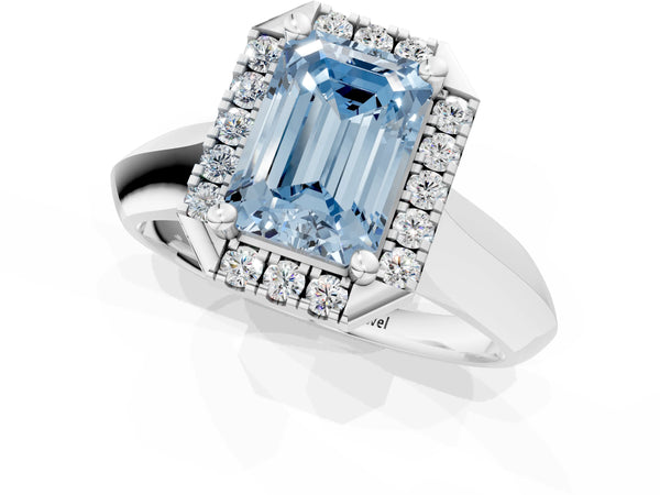 White gold Fancy Blue Emerald  Cut Halo Solitaire Engagement Ring with Square Band and Four-Prong Setting