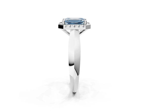 White gold Fancy Blue Emerald  Cut Halo Solitaire Engagement Ring with Square Band and Four-Prong Setting