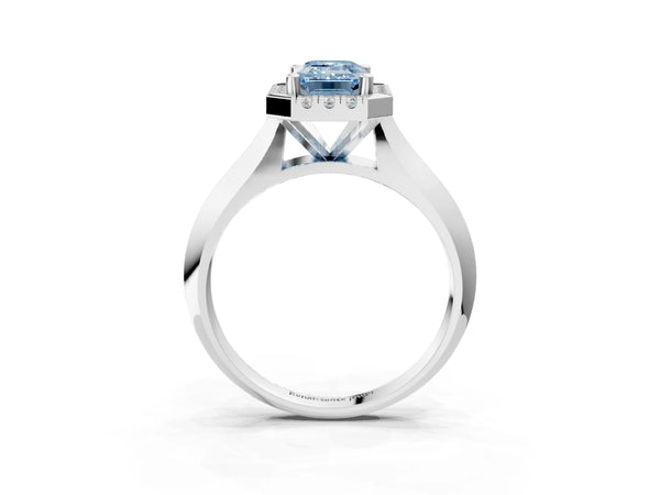 White gold Fancy Blue Emerald  Cut Halo Solitaire Engagement Ring with Square Band and Four-Prong Setting