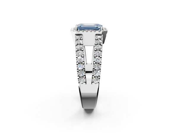 White gold Fancy Blue Emerald  Cut Halo Split Shank Diamond Ring with Four-Prong Setting