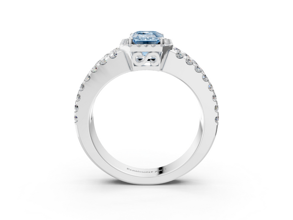 White gold Fancy Blue Emerald  Cut Halo Split Shank Diamond Ring with Four-Prong Setting