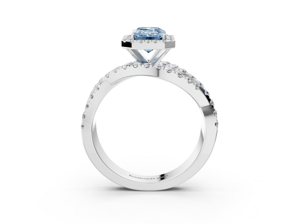 White gold Fancy Blue Emerald  Cut Halo Split Shank Prong Setting Ring