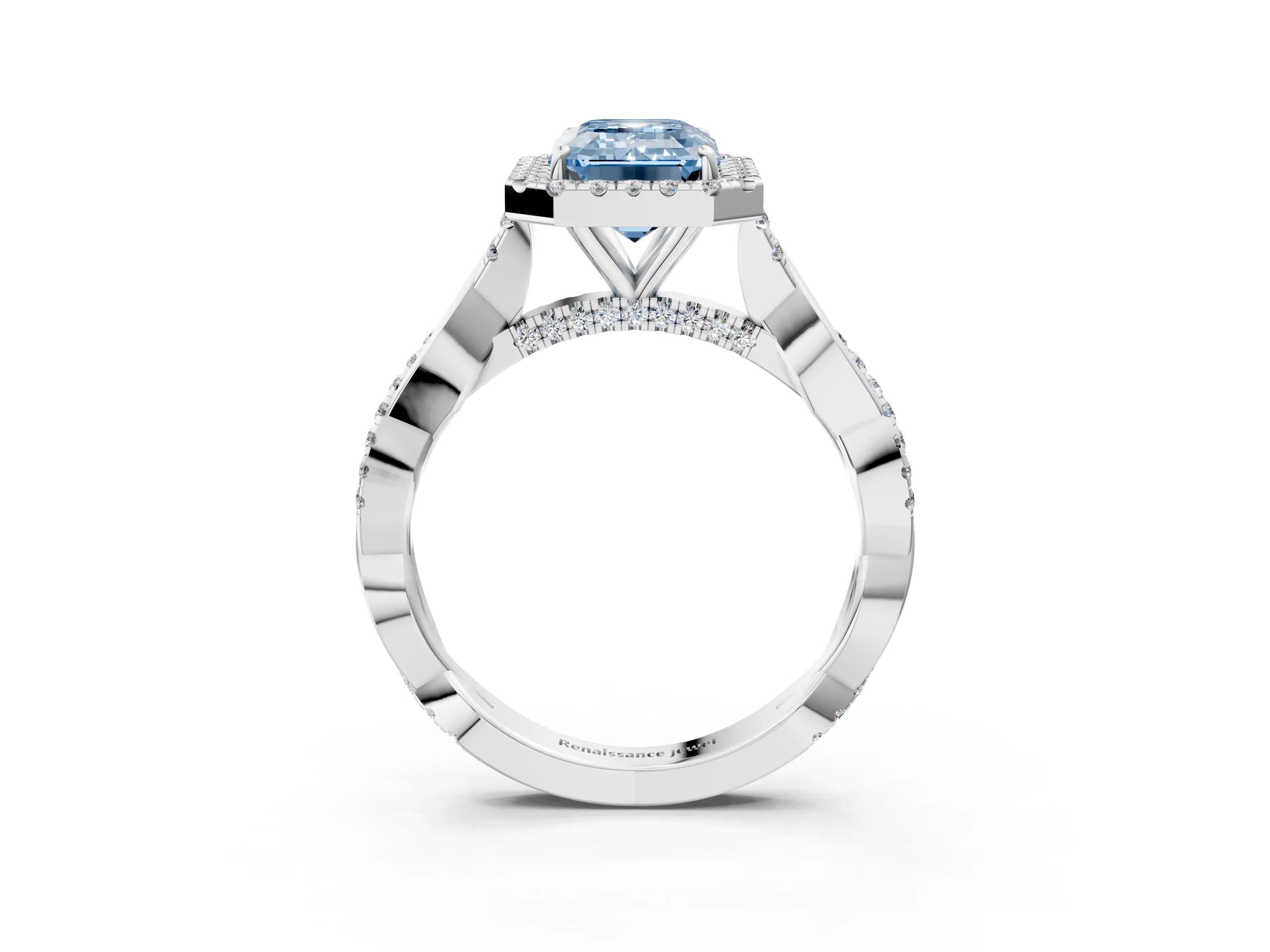 White gold Fancy Blue Emerald Cut Halo Twist Band with Four-Prong Setting_3
