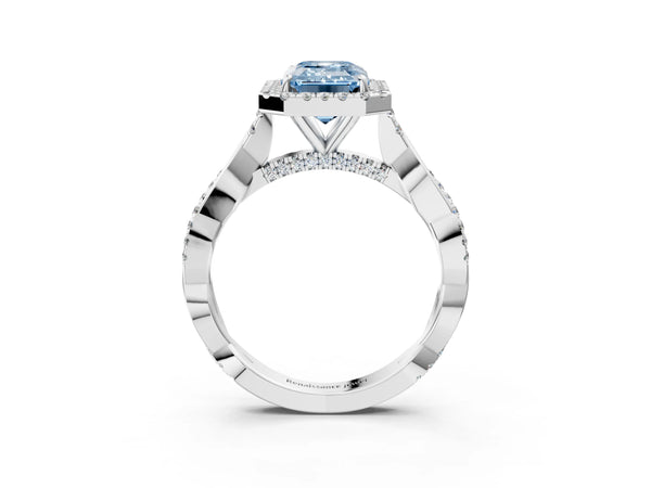 White gold Fancy Blue Emerald Cut Halo Twist Band with Four-Prong Setting