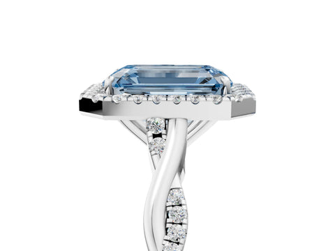 White gold Fancy Blue Emerald Cut Halo Twist Band with Four-Prong Setting_5
