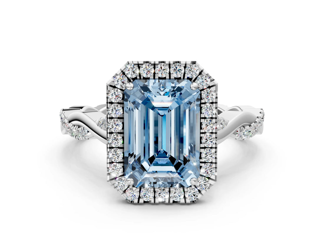 White gold Fancy Blue Emerald Cut Halo Twist Band with Four-Prong Setting_72