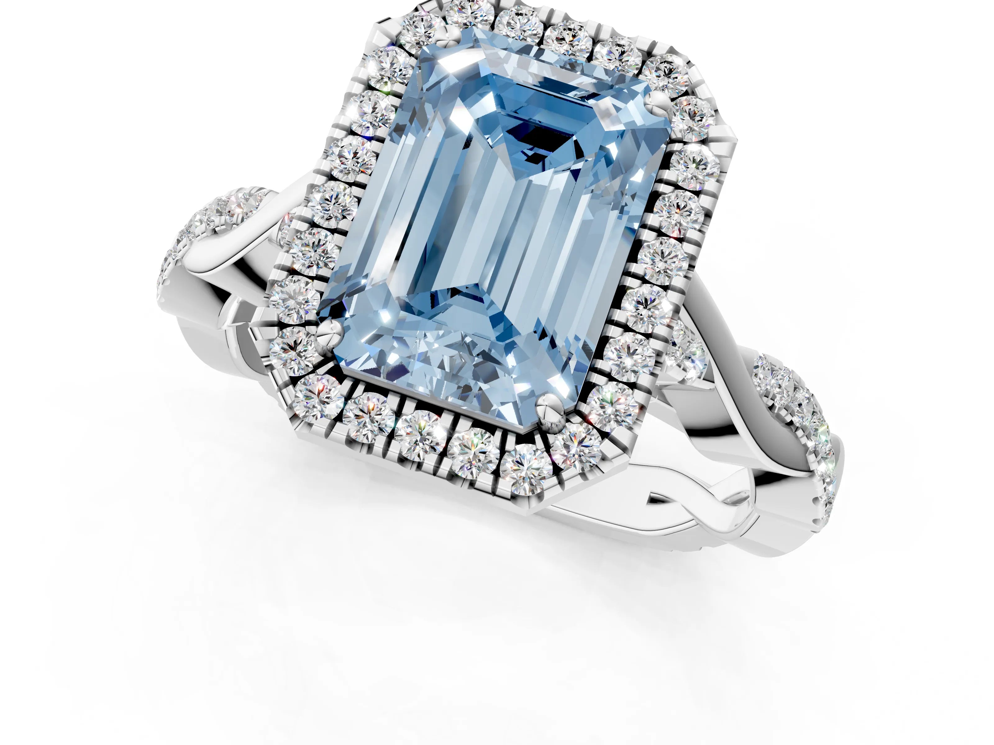 White gold Fancy Blue Emerald Cut Halo Twist Band with Four-Prong Setting_73
