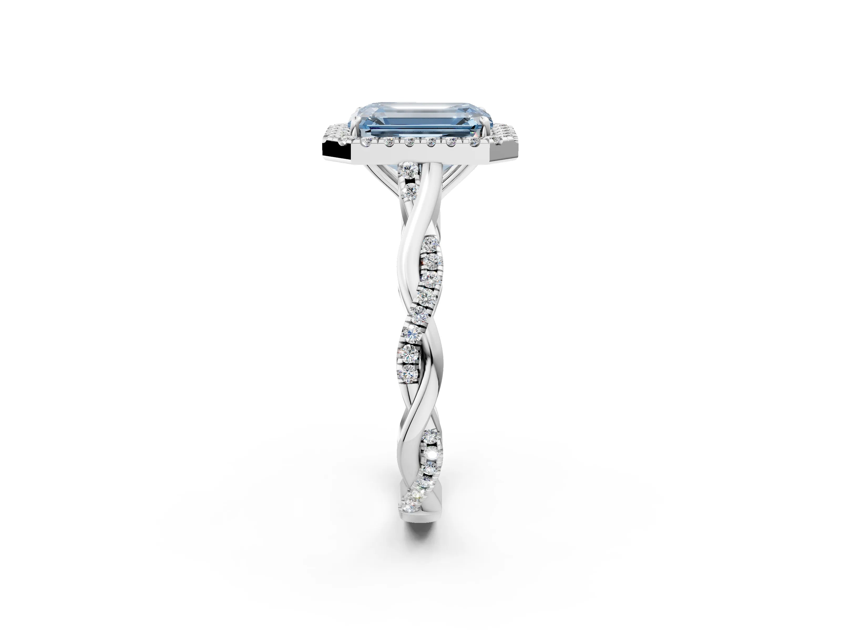 White gold Fancy Blue Emerald Cut Halo Twist Band with Four-Prong Setting_74