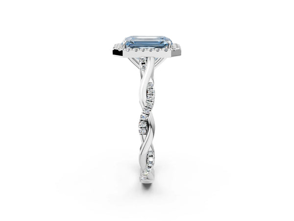 White gold Fancy Blue Emerald Cut Halo Twist Band with Four-Prong Setting
