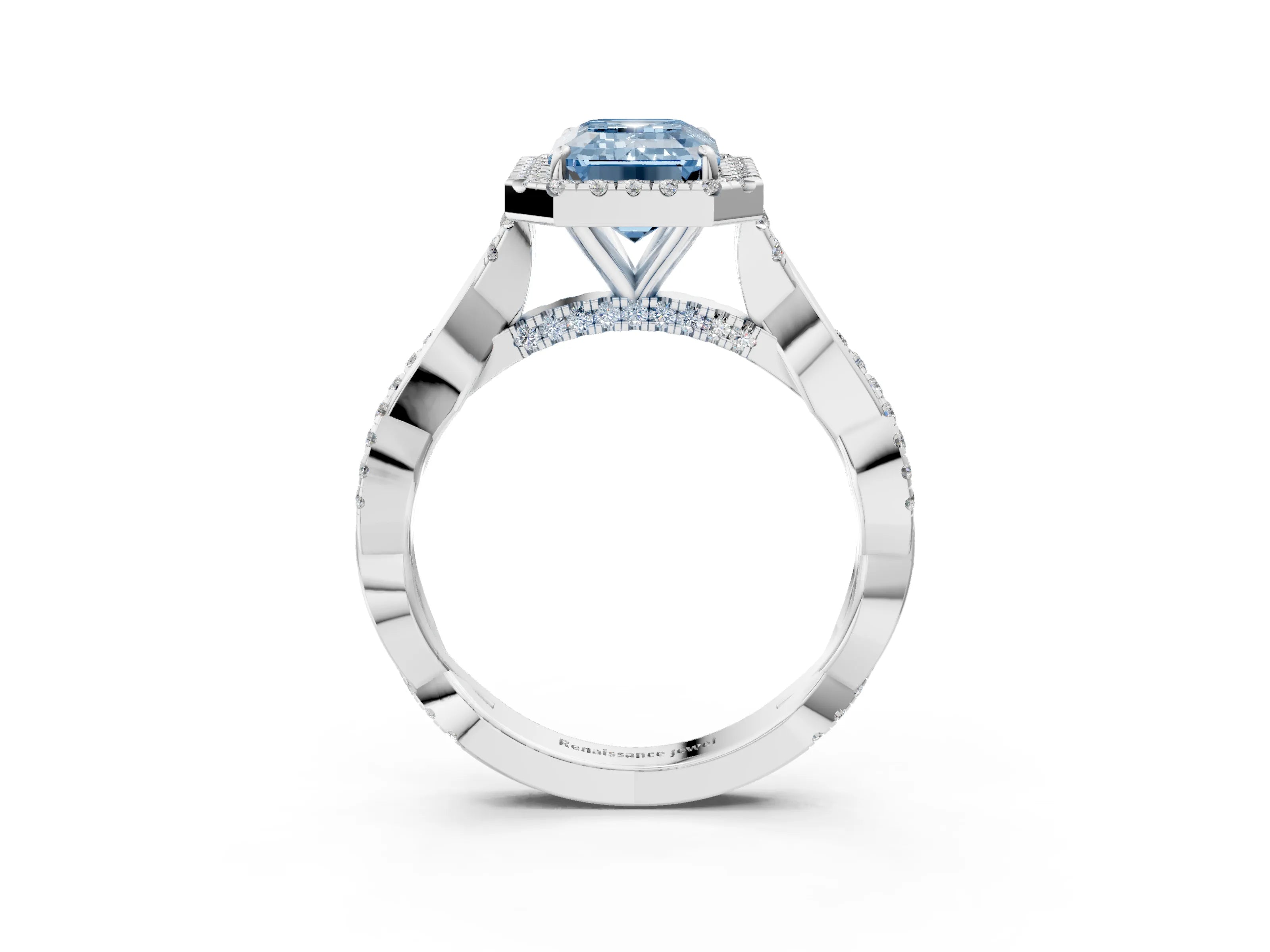 White gold Fancy Blue Emerald Cut Halo Twist Band with Four-Prong Setting_75