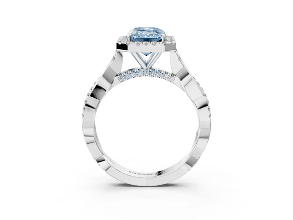 White gold Fancy Blue Emerald Cut Halo Twist Band with Four-Prong Setting