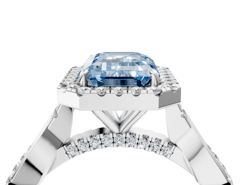 White gold Fancy Blue Emerald Cut Halo Twist Band with Four-Prong Setting_76