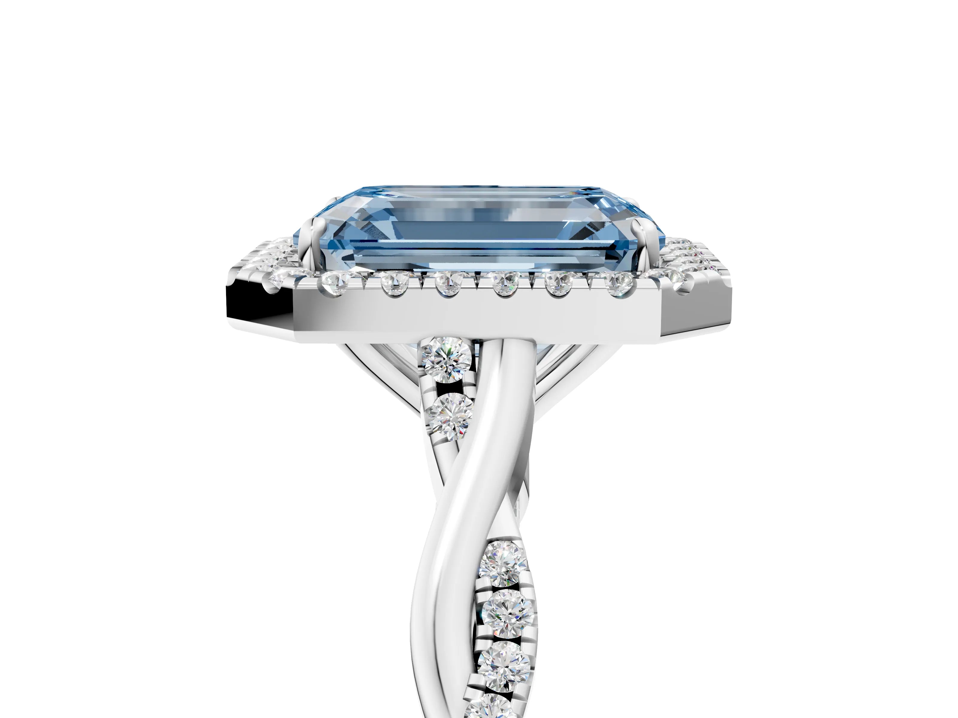 White gold Fancy Blue Emerald Cut Halo Twist Band with Four-Prong Setting_77
