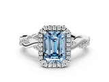 White gold Fancy Blue Emerald  Cut Halo Twisted Band Four-Prong Ring_20