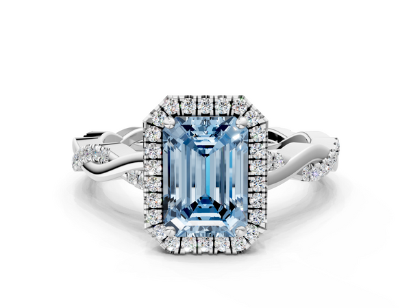 White gold Fancy Blue Emerald  Cut Halo Twisted Band Four-Prong Ring