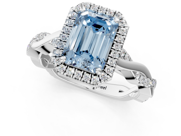 White gold Fancy Blue Emerald  Cut Halo Twisted Band Four-Prong Ring