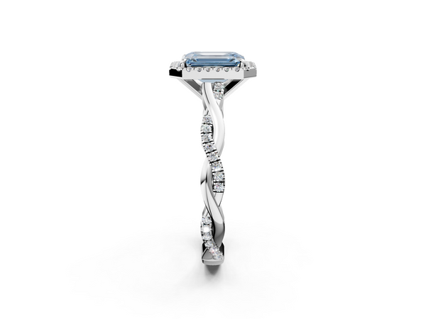 White gold Fancy Blue Emerald  Cut Halo Twisted Band Four-Prong Ring