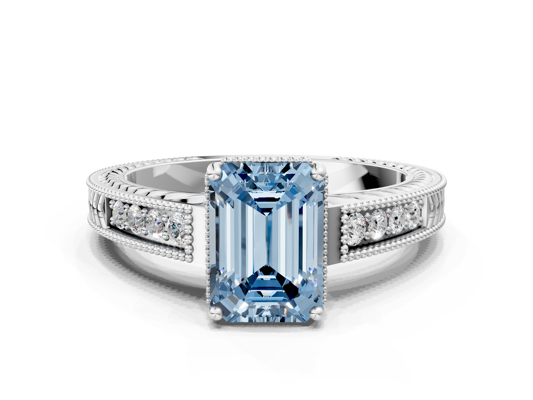 White gold Fancy Blue Emerald  Cut Milgrain Channel Set Engagement Ring with Solitaire Prong Setting_79