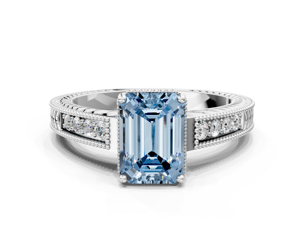 White gold Fancy Blue Emerald Cut Diamond Engagement Ring with Milgrain Channel Set Band and Prong Setting