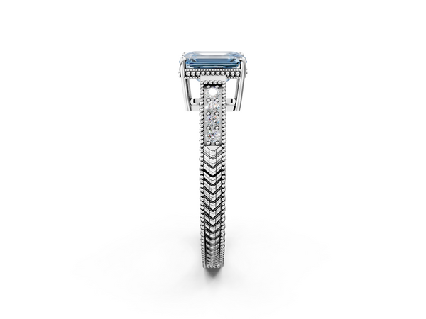 White gold Fancy Blue Emerald Cut Diamond Engagement Ring with Milgrain Channel Set Band and Prong Setting