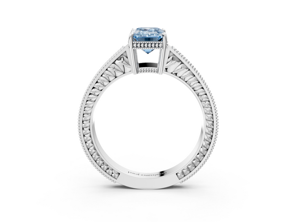 White gold Fancy Blue Emerald Cut Diamond Engagement Ring with Milgrain Channel Set Band and Prong Setting